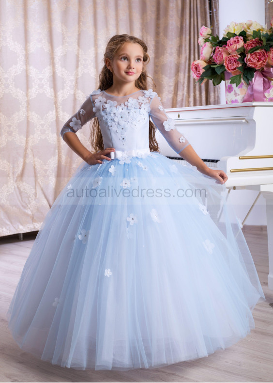 Beaded Sky Blue Tulle 3D Flowers Keyhole Back Fairytale Flower Girl Dress